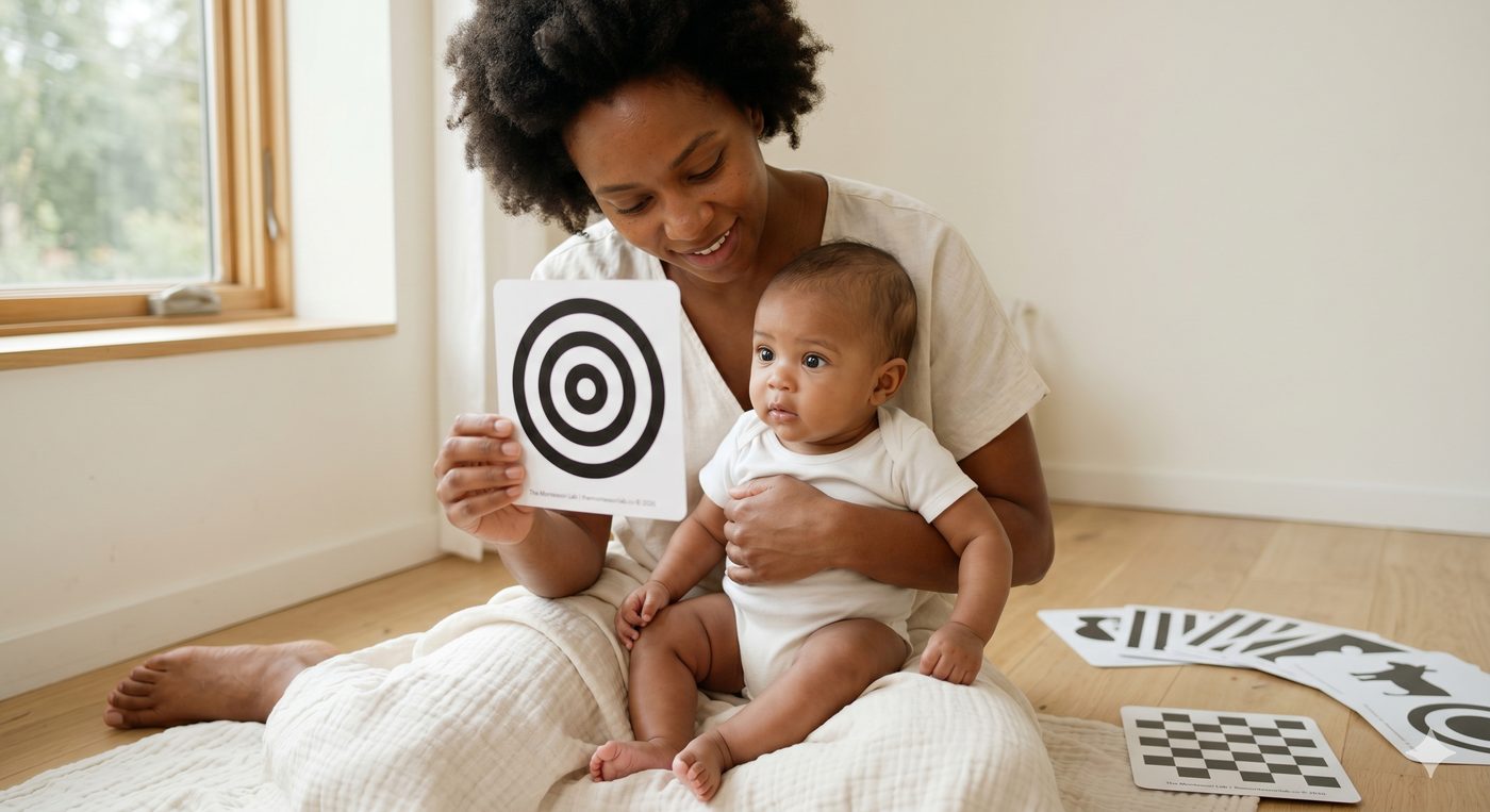 Mother showing high-contrast Montessori card to her baby