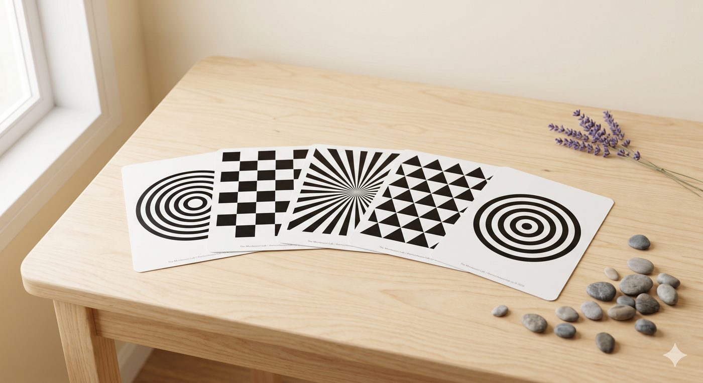 High-contrast Montessori cards on wood table